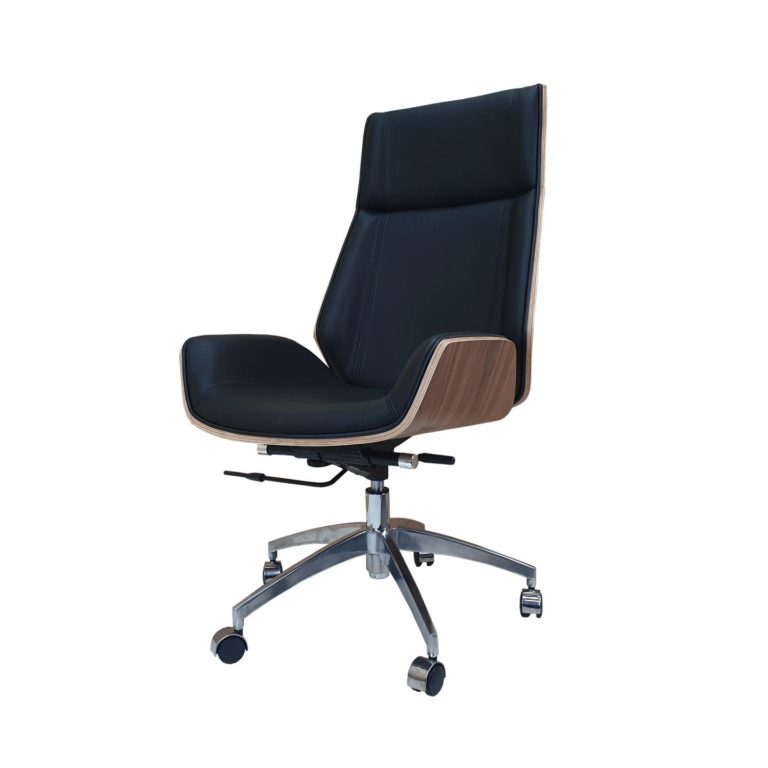 Designer High Back Office Chair Walnut wood - Black Leather - Charles Eames